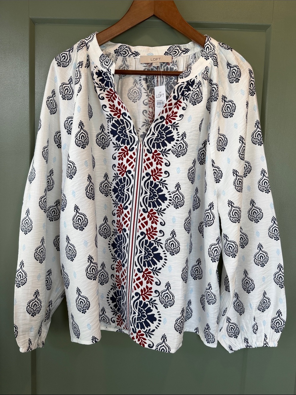 LOFT White Shirred Split Neck Blouse - NWT